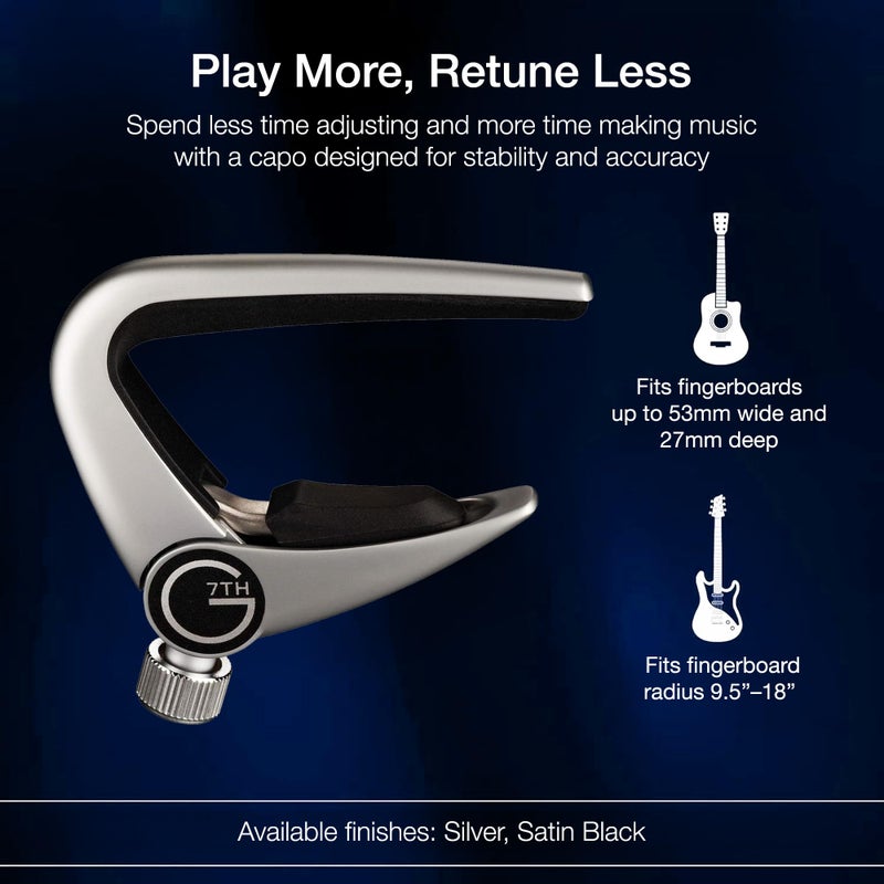 G7th Newport Guitar Capo, Steel String Silver 53mm -Low Profile, Easy to Use Flip Lever Guitar Capo with Fine-Tune Adjustment Knob, Safe Silicone Pads -Perfect for 6 String Acoustic & Electric Guitars - Image 4